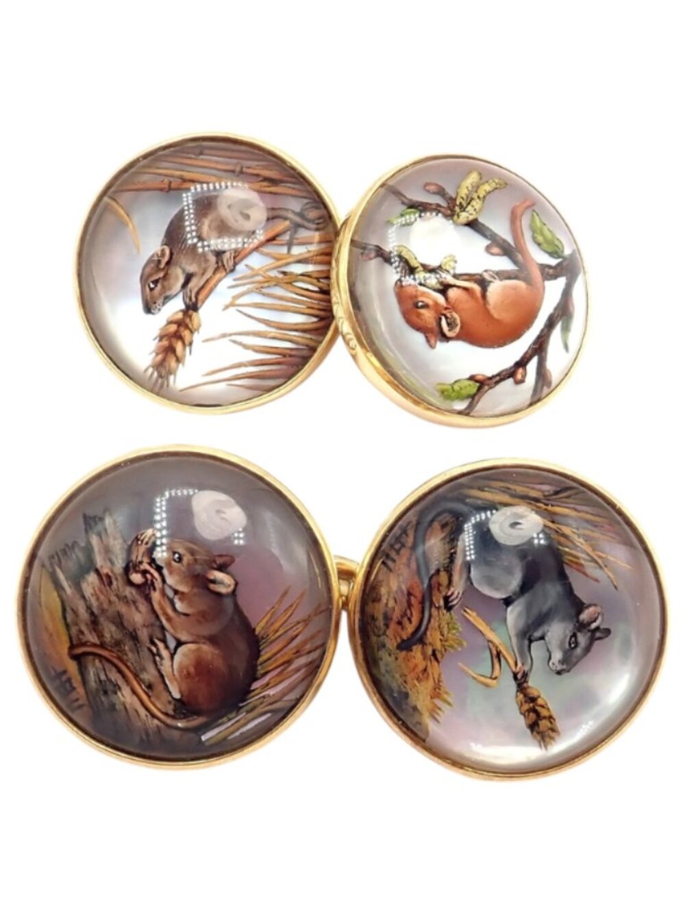 Vintage Tiffany & Co 18k Yellow Gold Essex Reverse Intaglio Field Mice Cufflinks